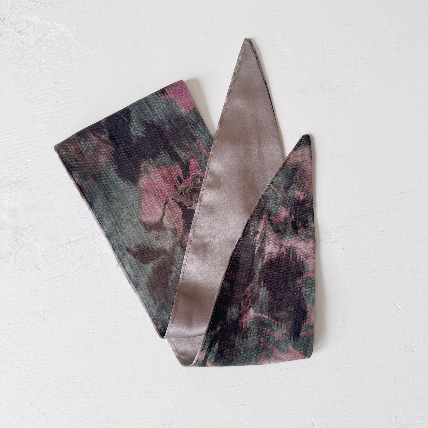Reversible headscarf: Pink Green light weight cotton fabric, silver pink silk lining tie yourself scarf