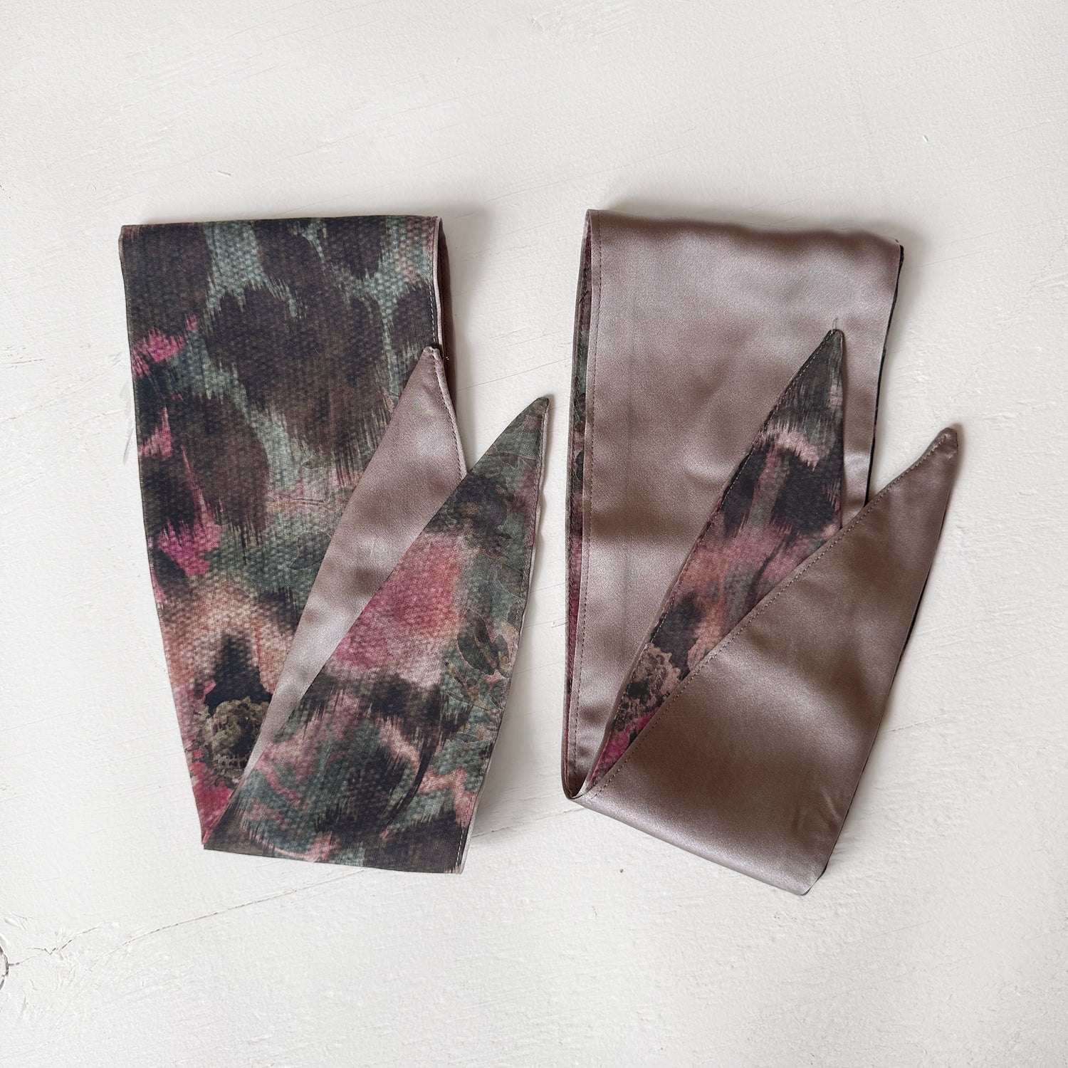 Reversible headscarf: Pink Green light weight cotton fabric, silver pink silk lining tie yourself scarf