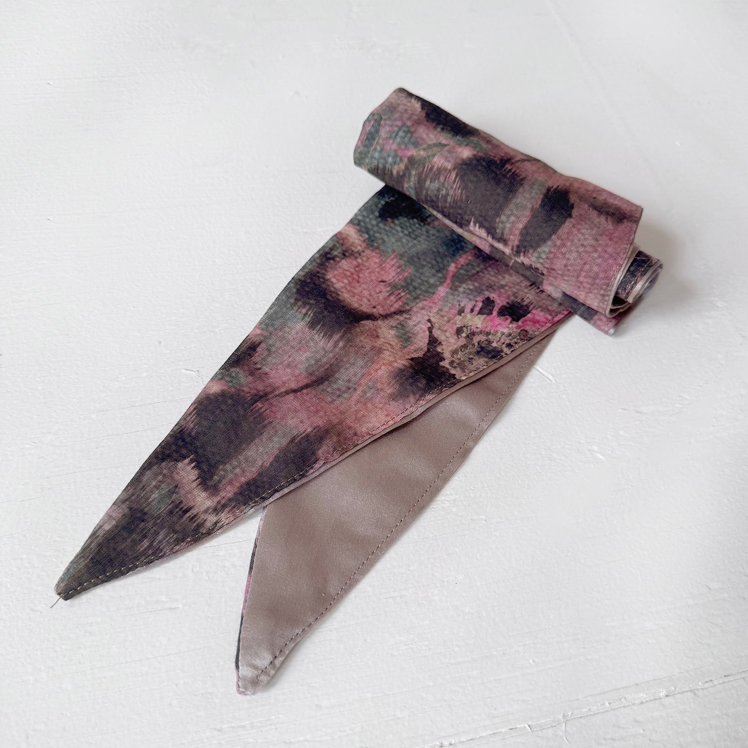 Reversible headscarf: Pink Green light weight cotton fabric, silver pink silk lining tie yourself scarf