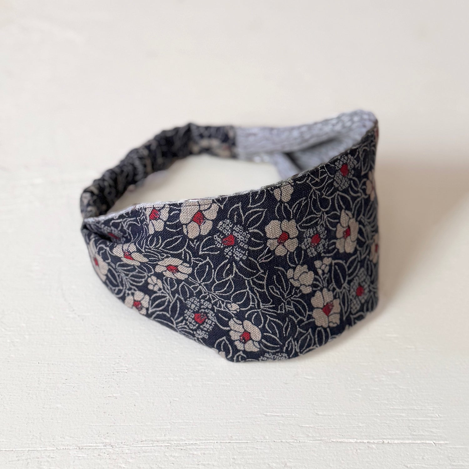 Reversible Headband: Japanese Cotton Navy floral, Silk Kimono Lining