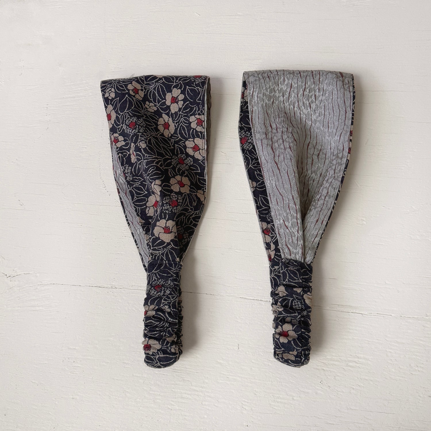 Reversible Headband: Japanese Cotton Navy floral, Silk Kimono Lining