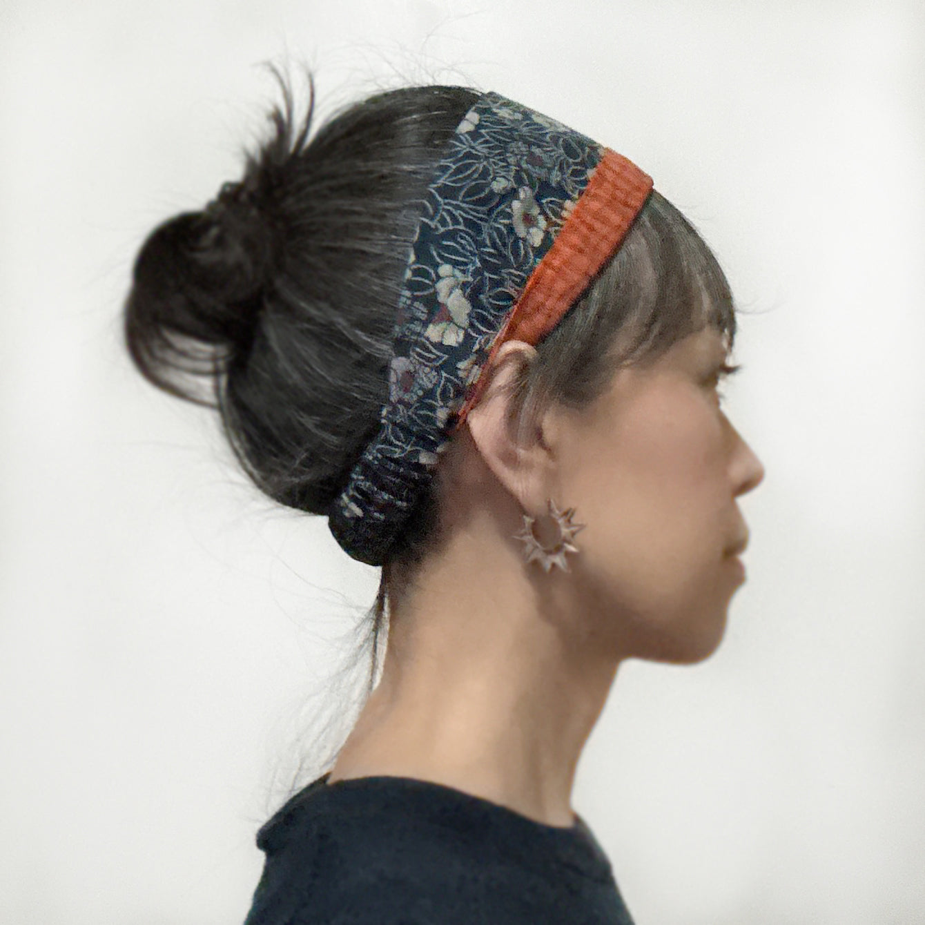 Head Band Cotton Small Flower Vintage Orange Kimono Authentic Japanese Fabric