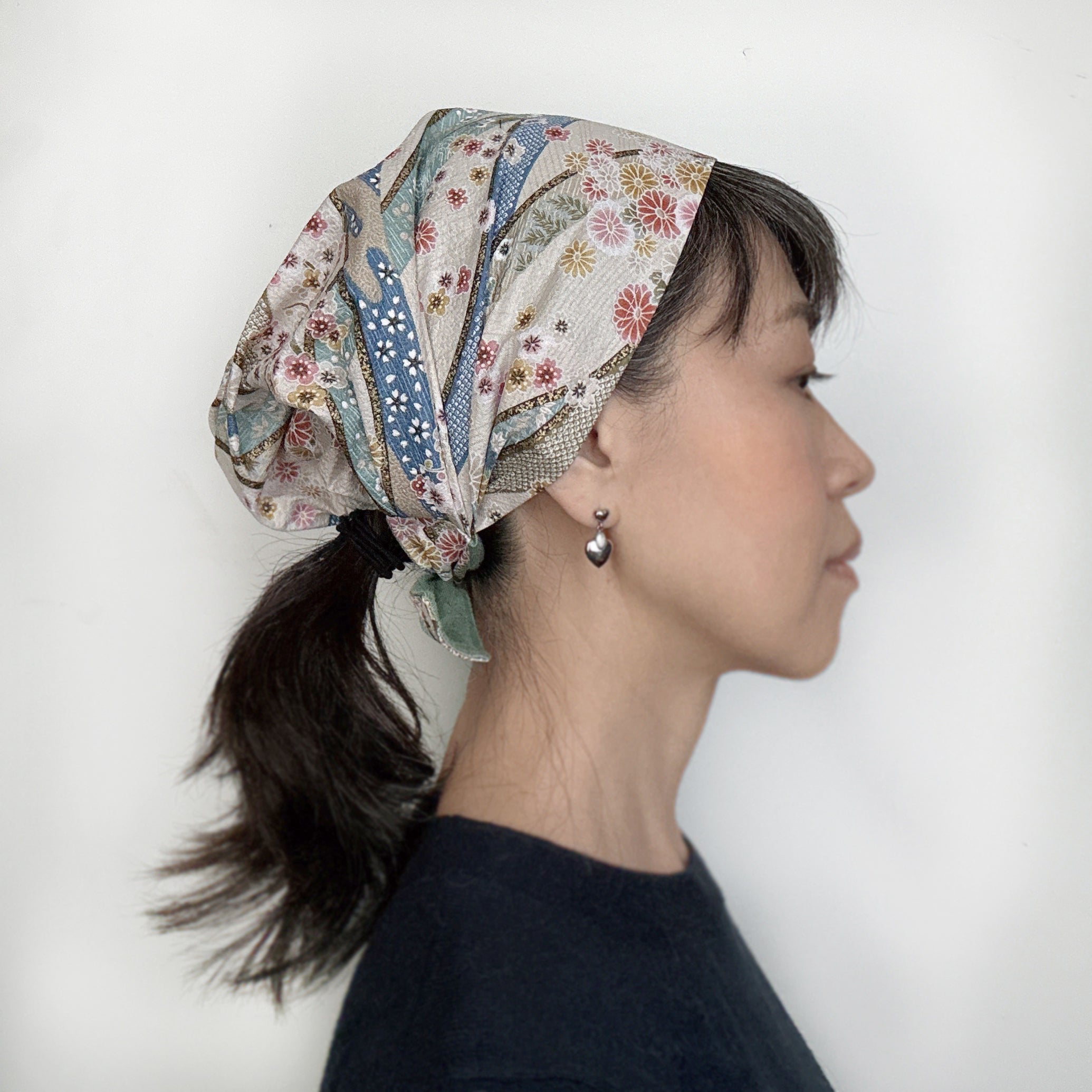 Head covering scarf, Japanese Aqua white Floral