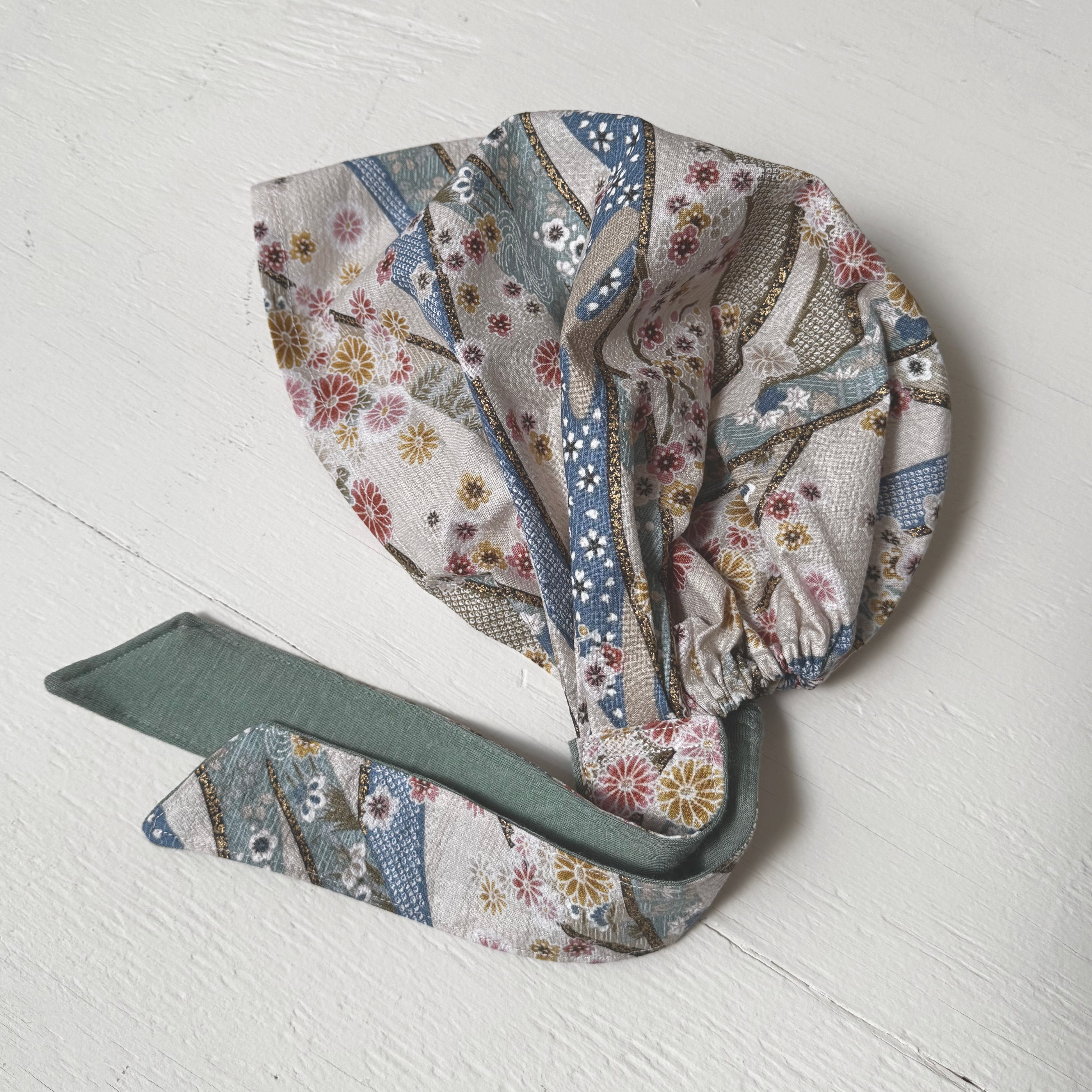 Head covering scarf, Japanese Aqua white Floral