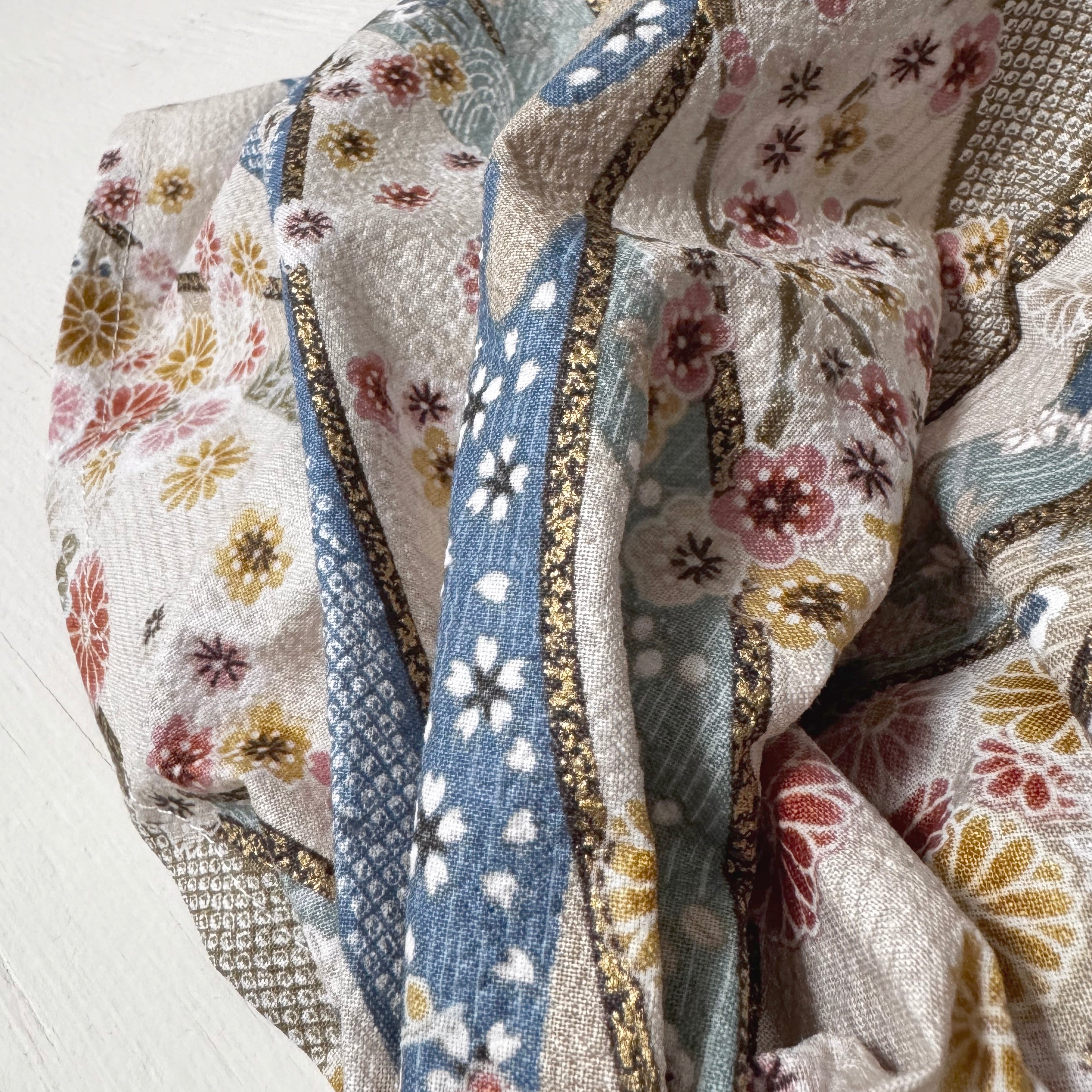 Head covering scarf, Japanese Aqua white Floral