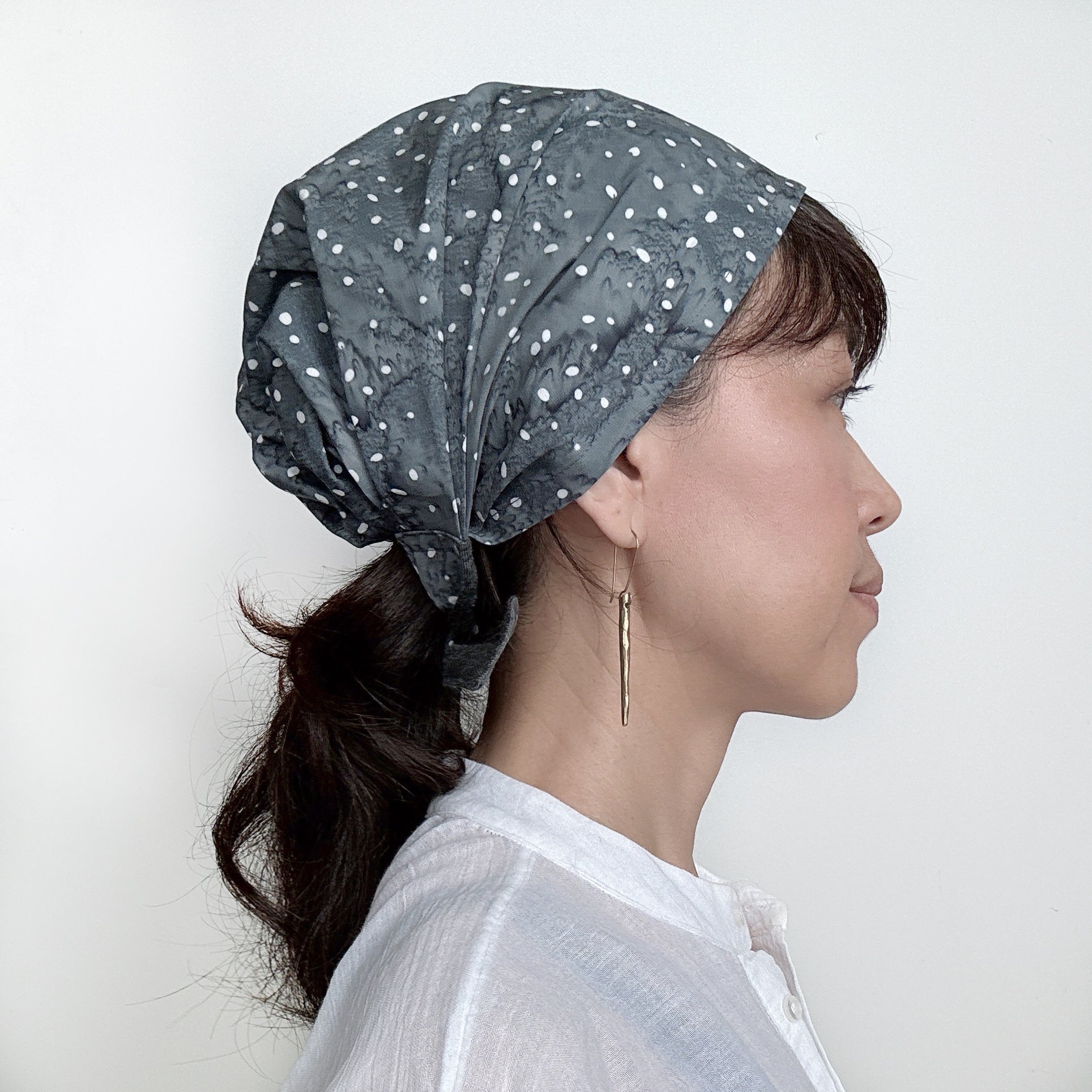 Head Covering Scarf Gray, White Polka Dots with Splash Print