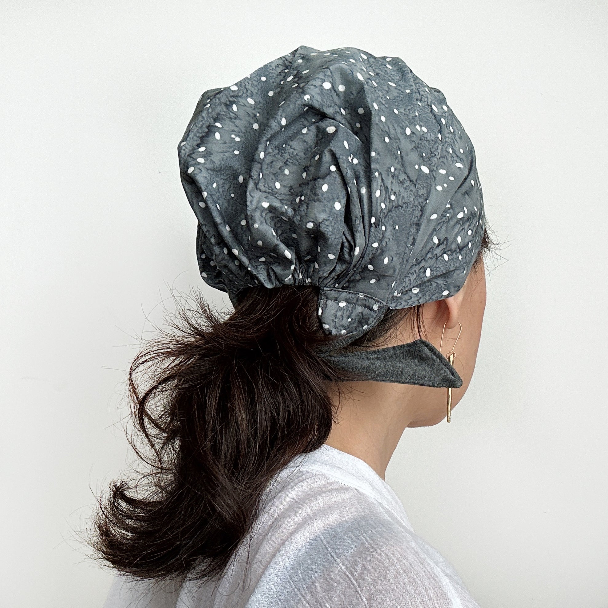 Head Covering Scarf Gray, White Polka Dots with Splash Print