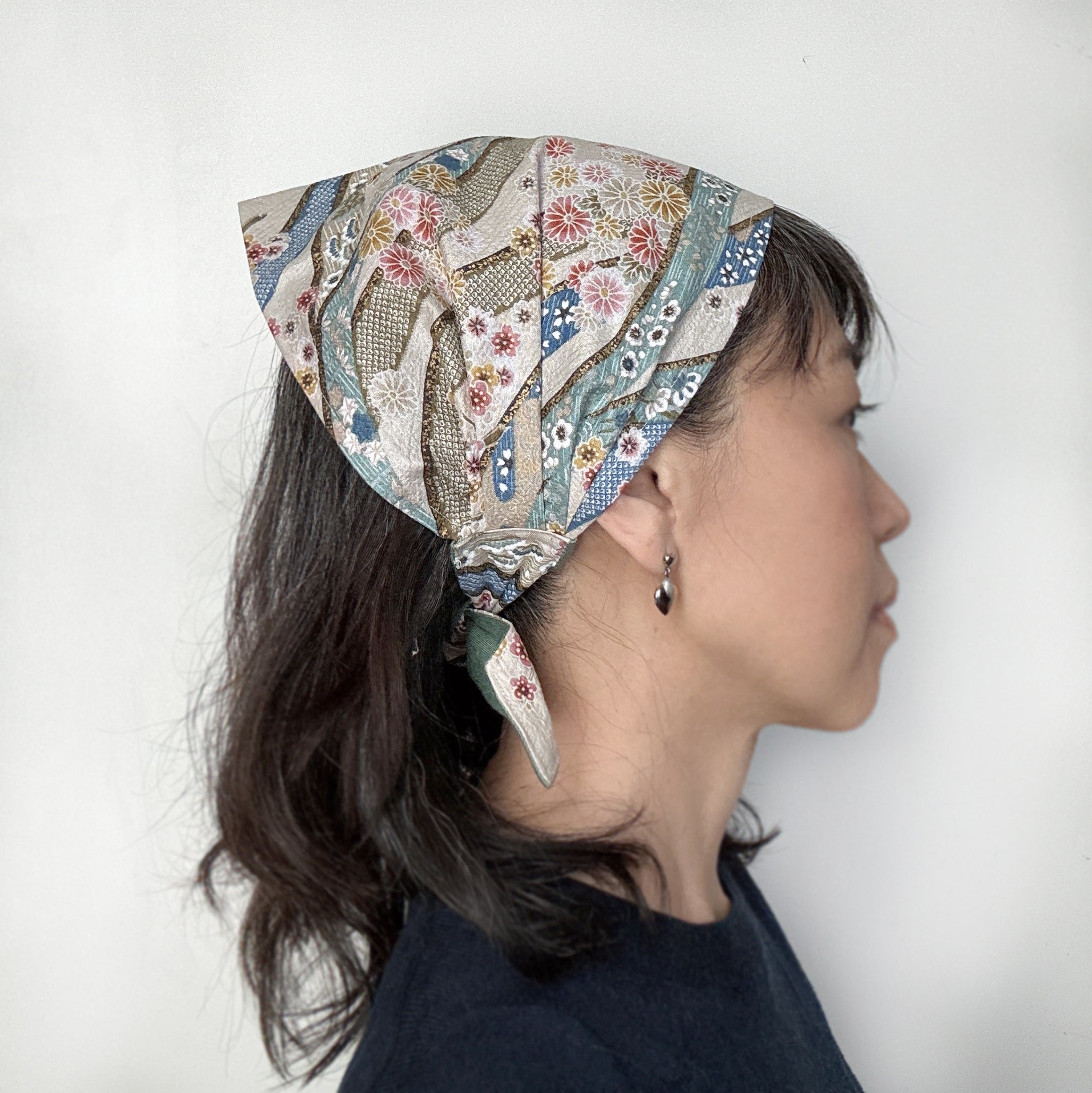 Japanese fabric head scarf, Aqua White