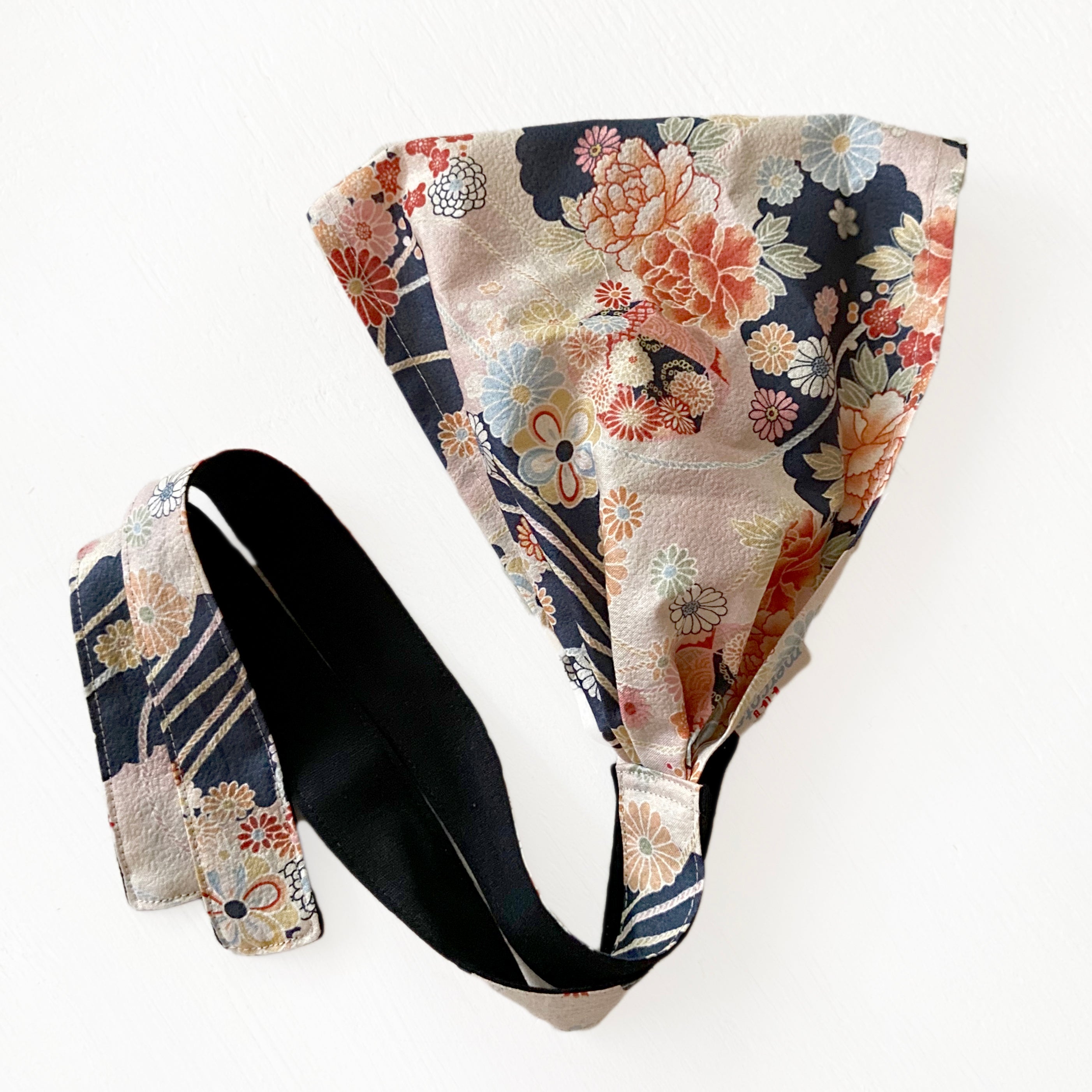 Head scarf, Japanese Kimono Fabric, Navy, Pink, floral - Headwrap