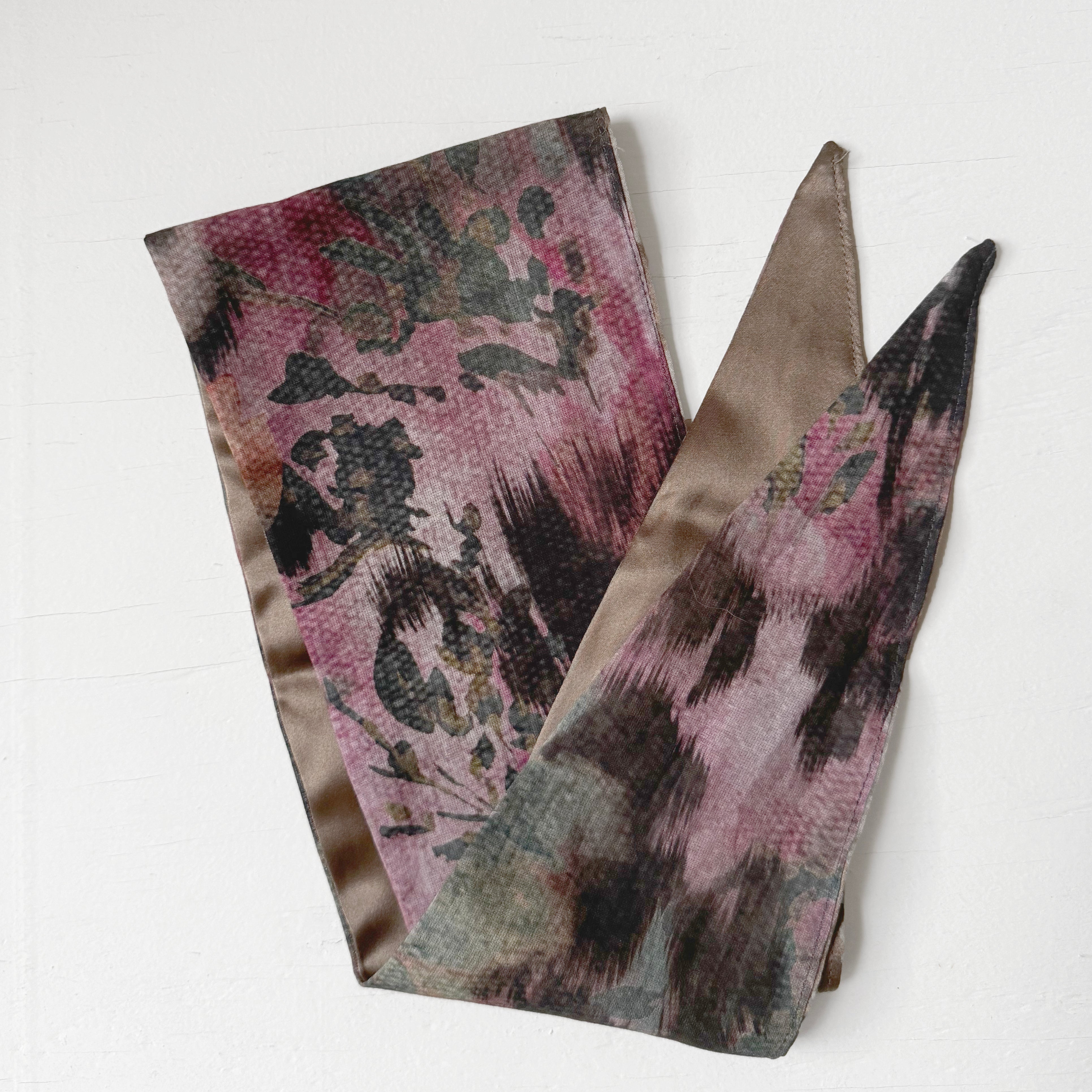 Reversible headscarf: Pink Green light weight cotton fabric, Gold silk lining tie yourself scarf