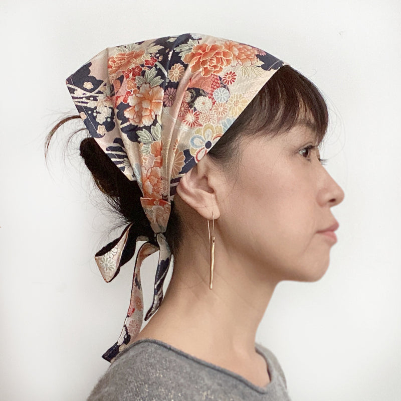 Head scarf, Japanese Kimono Fabric, Navy, Pink, floral - Headwrap