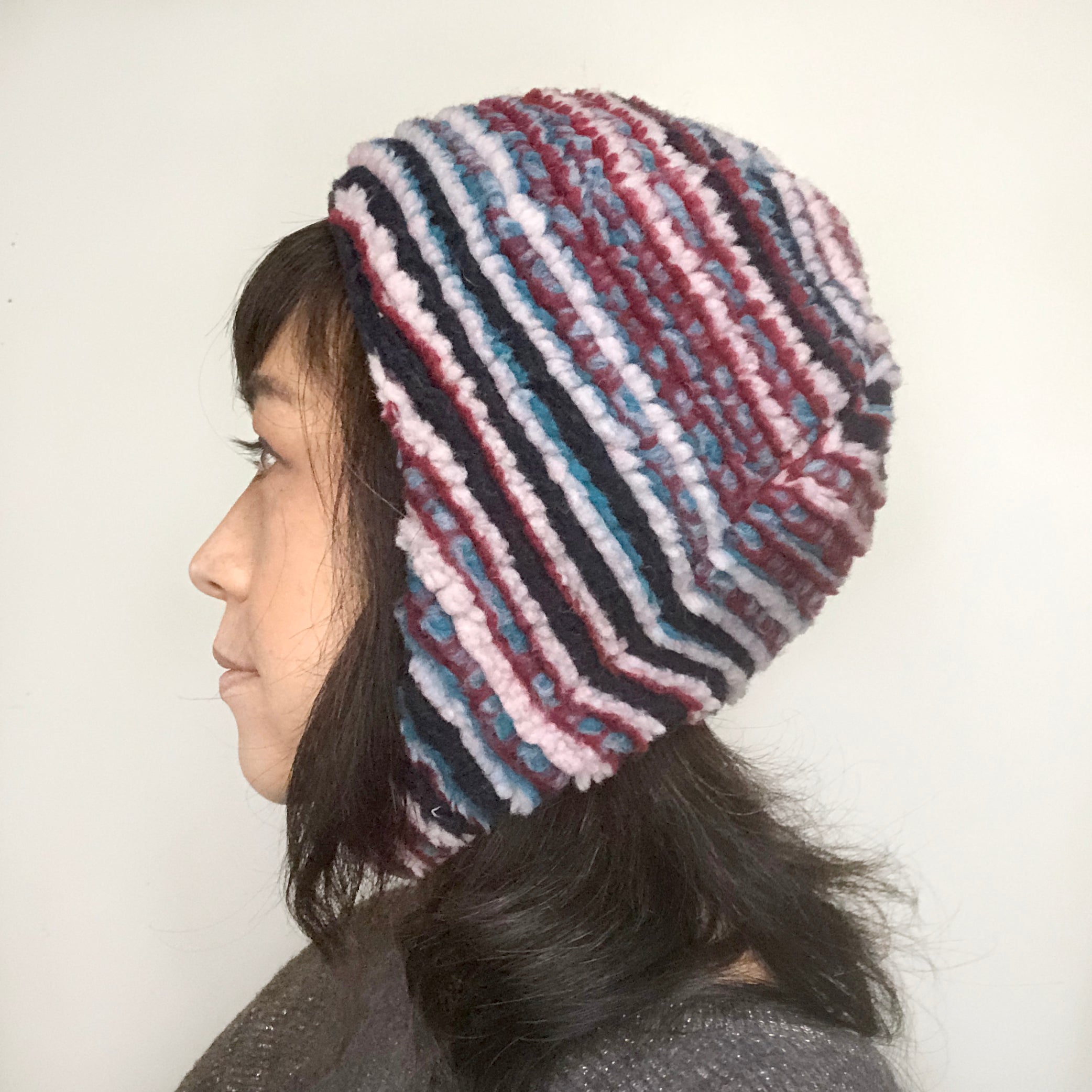 Wool hat Emma Pink Navy stripes Puffy hat