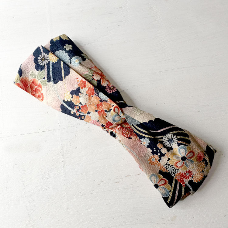 Japanese Kimono Fabric, Cotton Twisted Headband, Peach, Navy