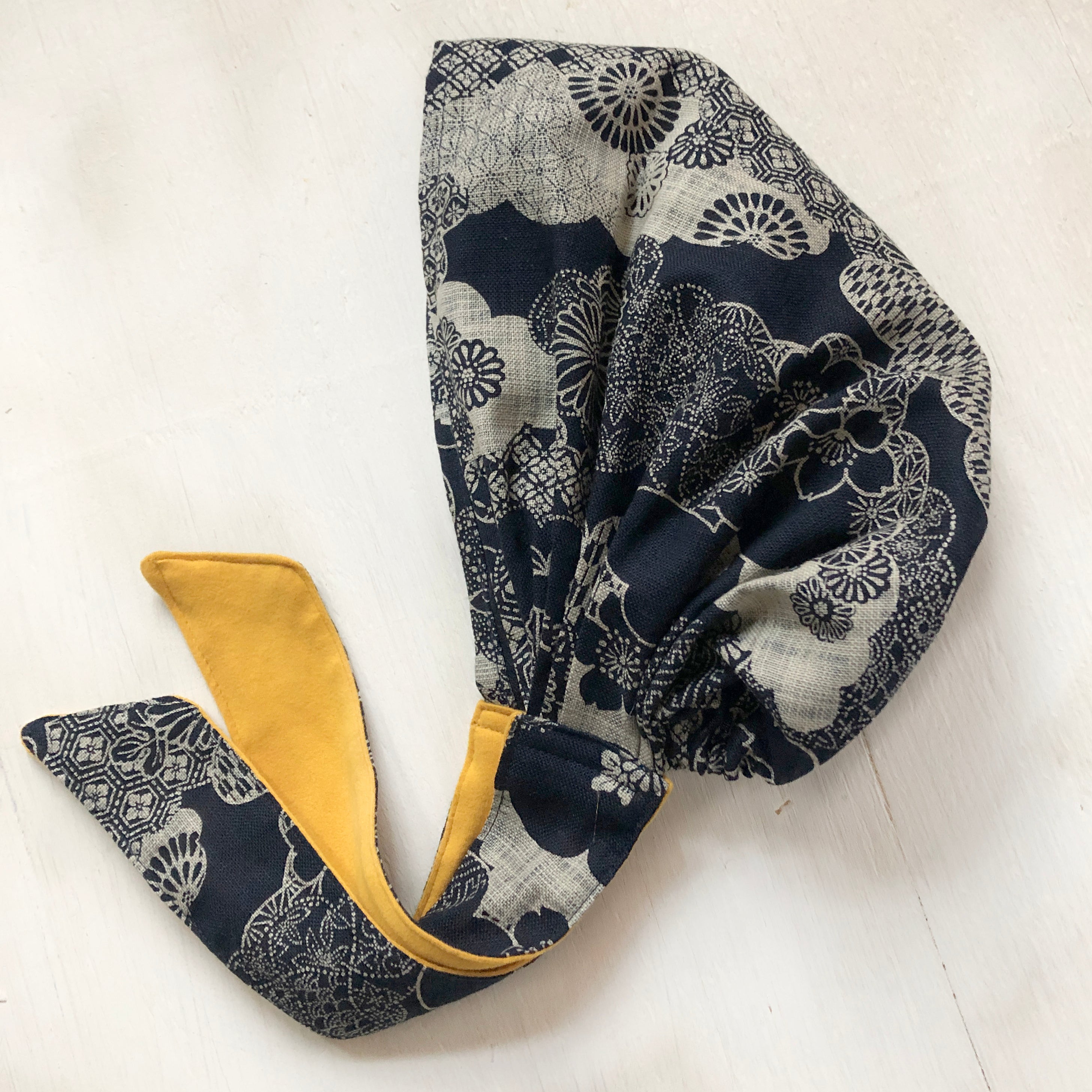 Head Covering Scarf Japanese Flower - Black Wood Prints Graphic - Cotton