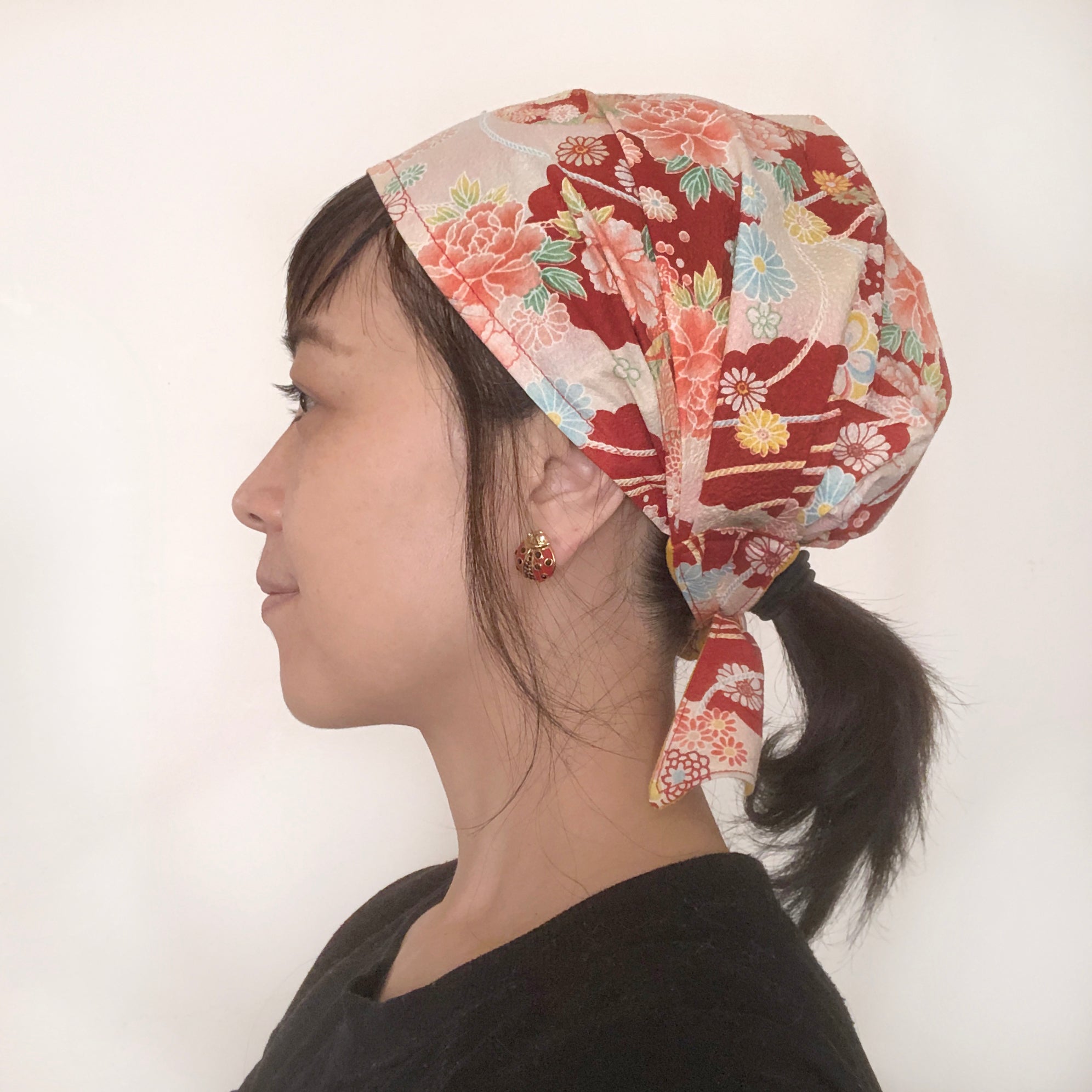 Head Covering Scarf - Japanese Fabric Floral Red - Limited