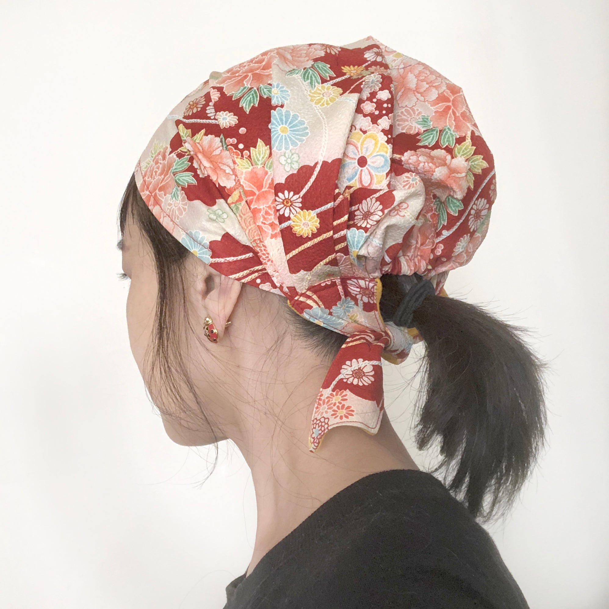 Head Covering Scarf - Japanese Fabric Floral Red - Limited