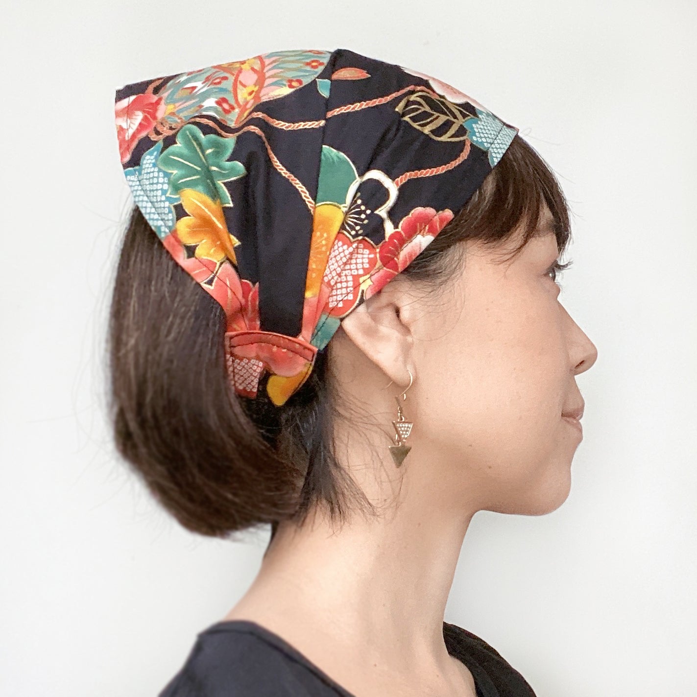 Head scarf Japanese fabric Black Floral