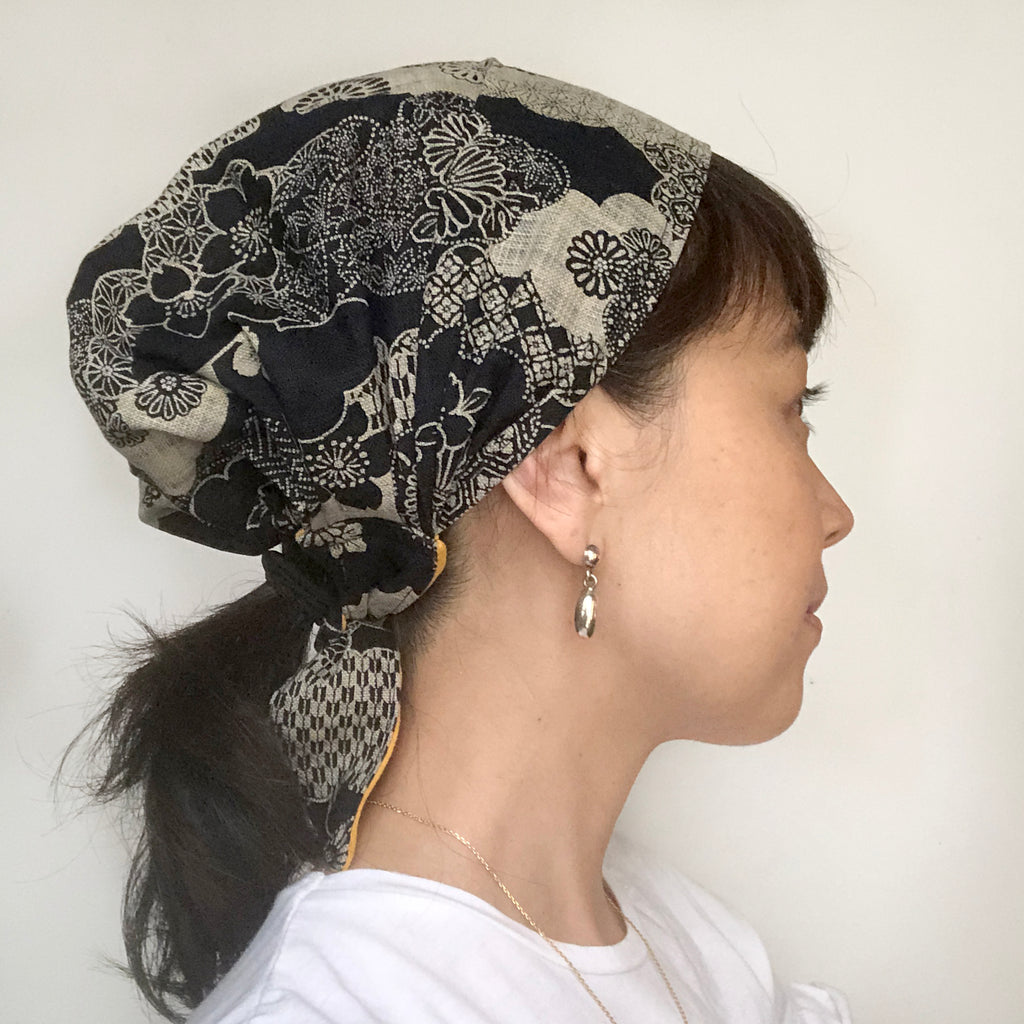Head Covering Scarf Japanese Flower - Black Wood Prints Graphic