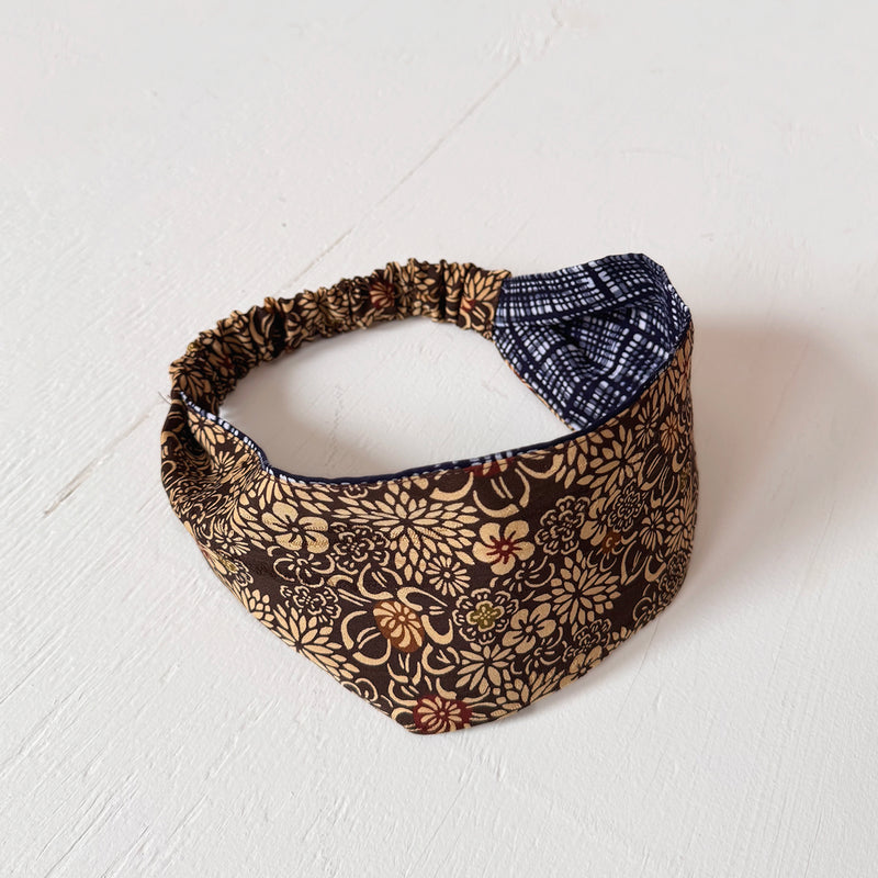 Reversible Headband: Brown Silk vintage kimono, cotton Navy print