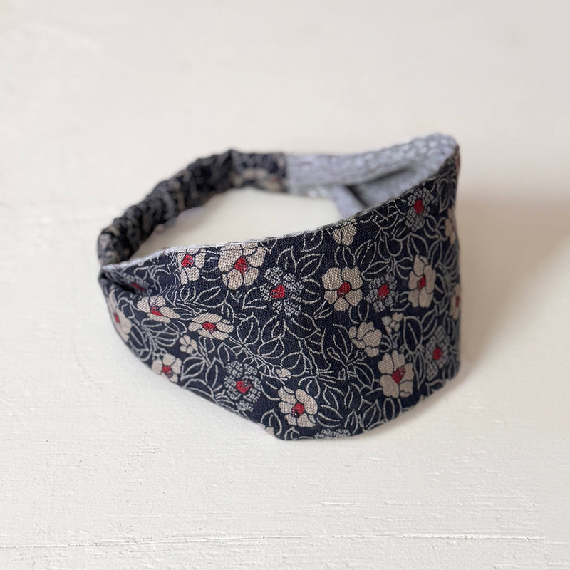 Reversible Headband: Japanese Cotton Navy floral, Silk Kimono Lining