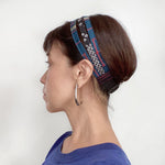 Triple headband, Vintage kimono fabric Adjustable Blue Red and Black