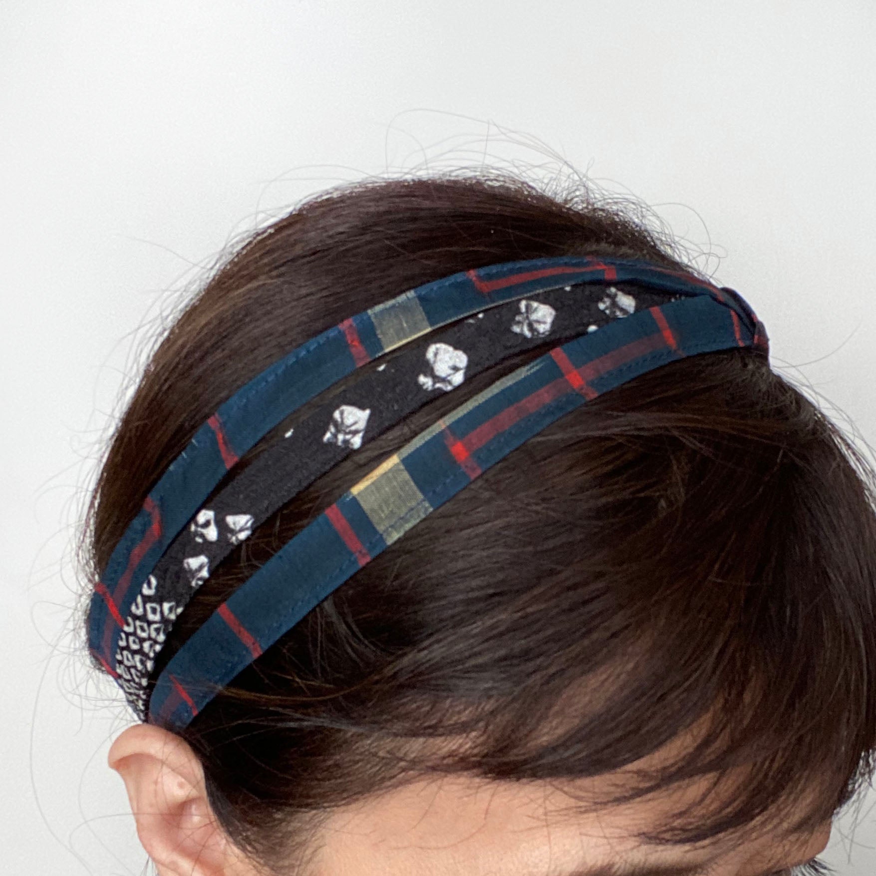 Triple headband, Vintage kimono fabric Adjustable Blue Red and Black