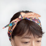 Head scarf Vintage Japanese Orange silky polyester and cotton Black floral