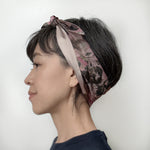 Reversible headscarf: Pink Green light weight cotton fabric, silver pink silk lining tie yourself scarf