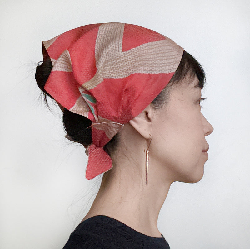 Head scarf Vintage kimono Japanese fabric vermilion
