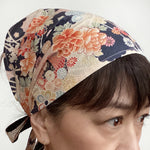 Head scarf, Japanese Kimono Fabric, Navy, Pink, floral - Headwrap