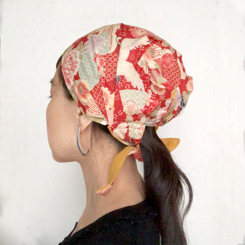 Head covering scarf, Japanese fabric Crane Red