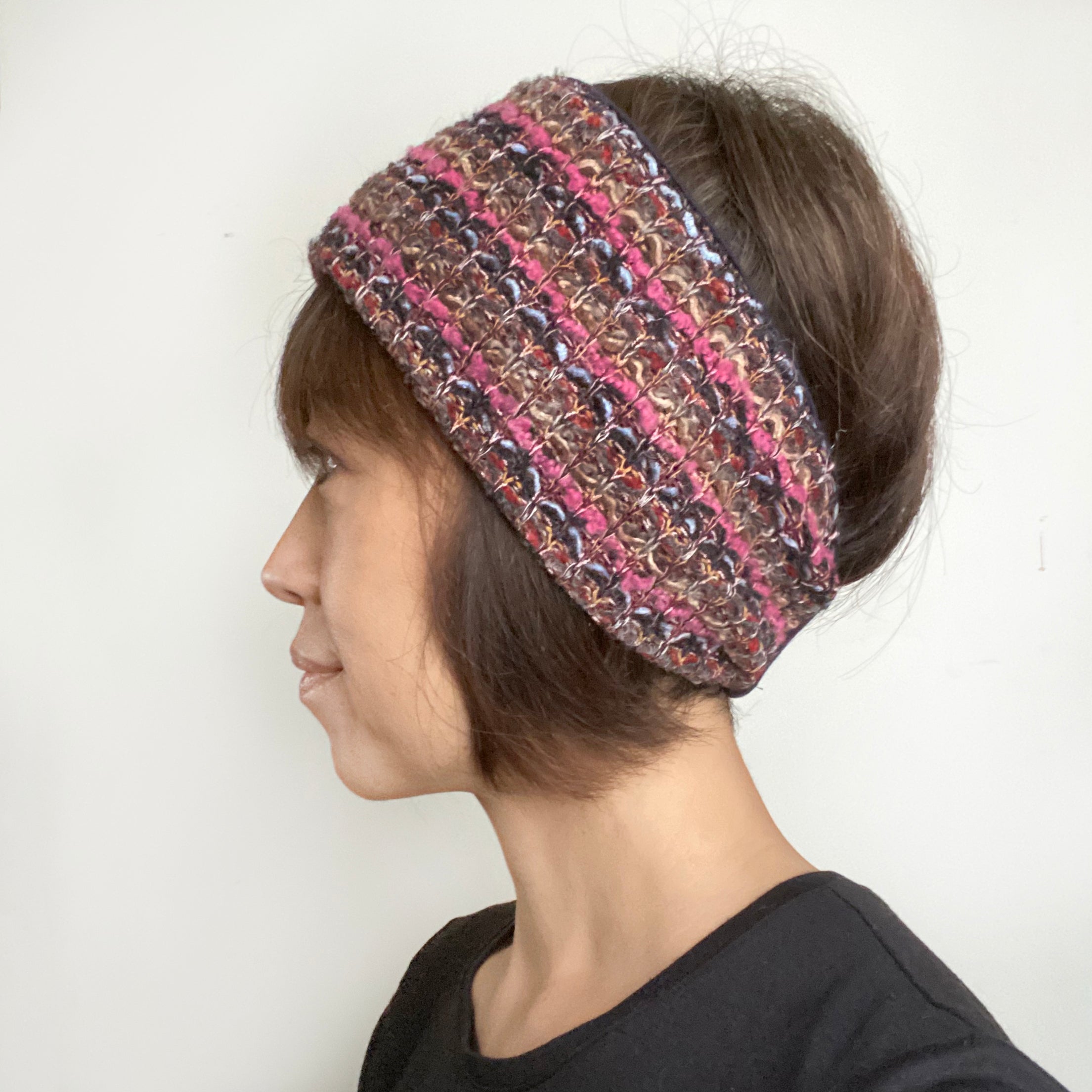 Wool Headband Ear warmer Pink Navy striped