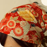 Head scarf, Japanese Kimono Print,  Red, Crane - Head wrap