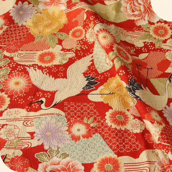 Head scarf, Japanese Kimono Print,  Red, Crane - Head wrap
