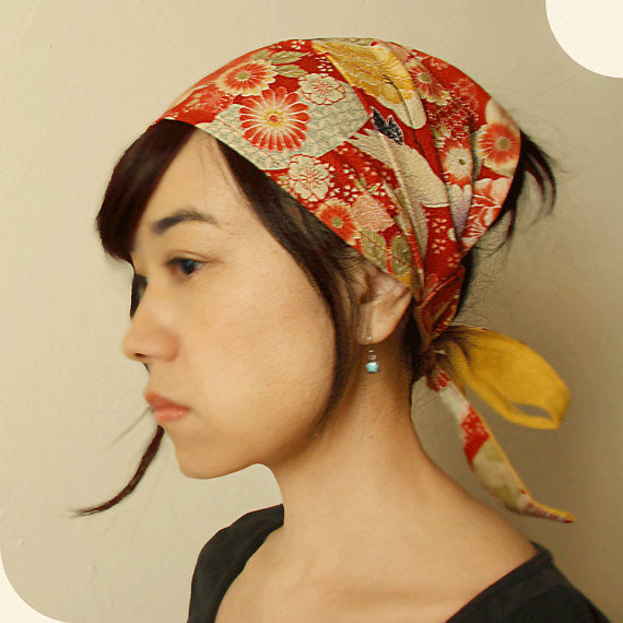 Head scarf, Japanese Kimono Print, Red, Crane - Head wrap – Mercato NY